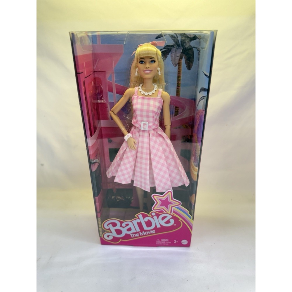 Barbie The Movie Doll Margot Robbie Collectible Wearing Pink & Gingham Dress